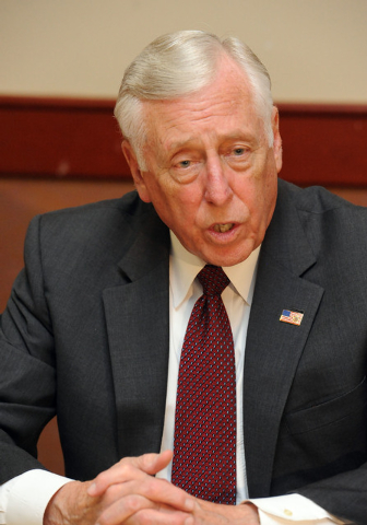 U.S. House minority whip Steny Hoyer, D-Md., answers questions after a meeting with labor leaders at the Culinary Training Academy in Las Vegas, Monday, April 21, 2014.  (Jerry Henkel/Las Vegas Re ...