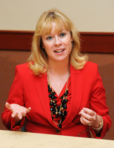 Nevada congressional candidate Erin Bilbray answers questions after a meeting with labor leaders at the Culinary Training Academy in Las Vegas, Monday, April 21, 2014. (Jerry Henkel/Las Vegas Rev ...