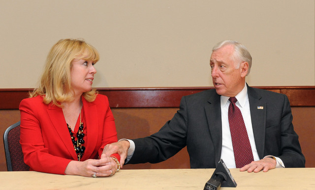 Nevada congressional candidate Erin Bilbray and U.S. House minority whip Steny Hoyer, D-Md., answer questions after a meeting with labor leaders at the Culinary Training Academy in Las Vegas, Mond ...