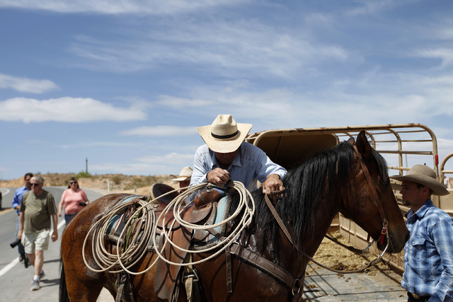 Rancher Cliven Bundy gets off a horse at a protest area near Bunkerville, Nev. Wednesday, April 16, 2014.  (John Locher/Las Vegas Review-Journal)