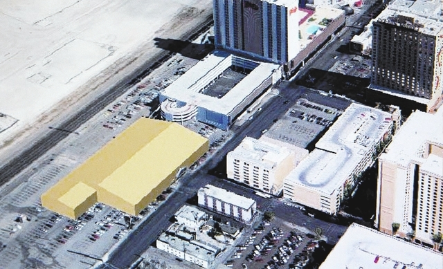 A artist rendering of the Las Vegas Wranglers arena, in yellow, at the Plaza as seen Wednesday, April 16, 2014. The minor league hockey team submitted the revised proposal to move the facility fr ...