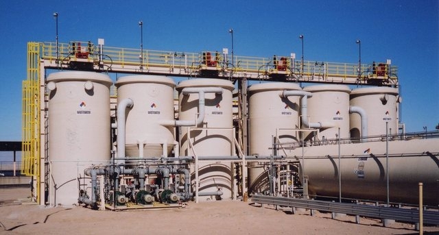 Tanks used in the process to remove perchlorate from shallow aquifers around the Las Vegas Wash and the former Kerr-McGee Chemical plant in Henderson are shown in this file photo.