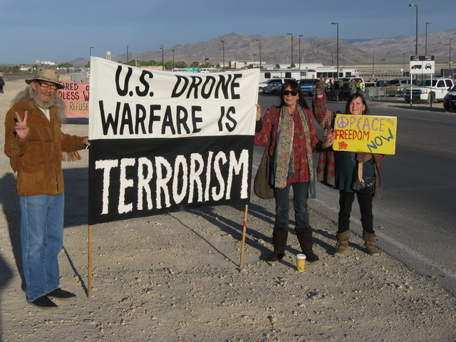 Anti-drone protesters come together to protest remote-controlled military weaponry at Creech Air Force Base. (Courtesy Nevada Desert Experience)