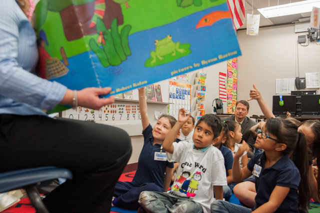 Clark County Superintendent Pat Skorkowsky, top, sits in with kindergarteners during story time at Gene Ward Elementary School in Las Vegas Thursday, April 10, 2014. The Clark County School Distri ...