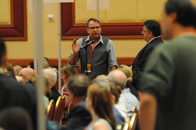 Delegate Roger Stockton speaks on a motion during the annual Nevada Republican Party convention at the South Point casino-hotel in Las Vegas Saturday, April 12, 2014. (Erik Verduzco/Las Vegas Revi ...