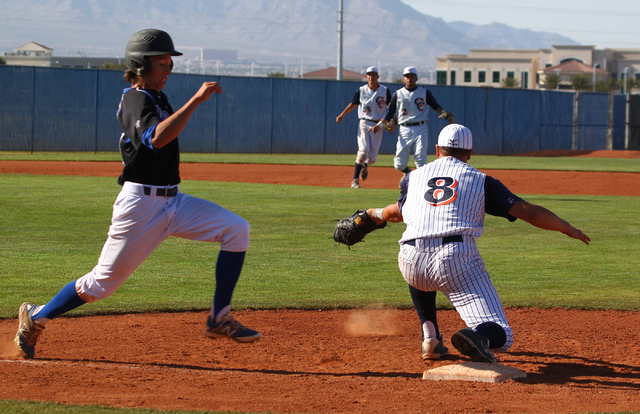 Basic's Mikey York (7) is forced out at first base by Chatsworth's Anthony Mayorga (8) during the fourth inning in the championship game of the Blazer Spring Bash. Chatsworth won 5-3. (Chase Steve ...
