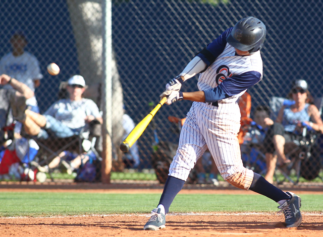 Chatsworth's Riley Conlan (9) hits a sacrifice fly against Basic during the seventh inning in the championship game of the Blazer Spring Bash. Chatsworth won 5-3. (Chase Stevens/Las Vegas Review-J ...