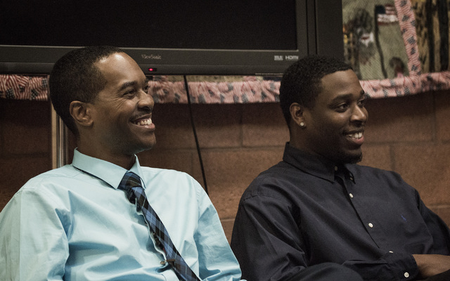 Deon Derrico, 43, left, father of the famed Las Vegas quintuplets, and Olujuwon Bryant, 23, appear in North Las Vegas Justice Court on Wednesday, April 2, 2014. They are facing 13 felony and three ...
