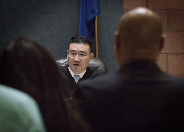 North Las Vegas Justice Court Judge Kalani Hoo speaks during a hearing for Deon Derrico, 43, father of the famed Las Vegas quintuplets, and co-defendant Olujuwon Bryant, 23, on Wednesday, April 2, ...