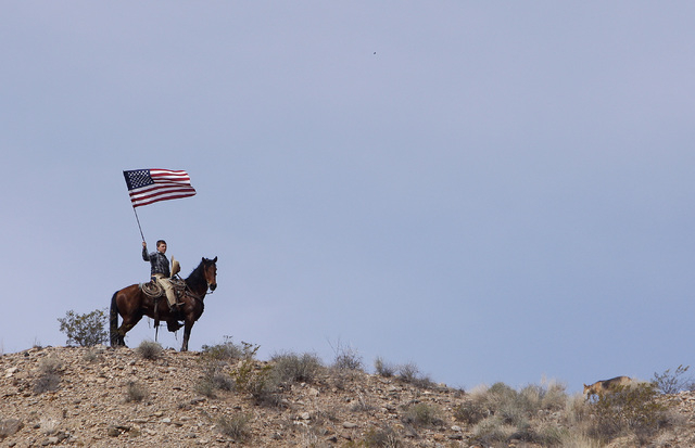 Arden Bundy, son of rancher Cliven Bundy, flies the American flag on a hill overlooking the protest site near Bunkerville on April 12, 2014. Moments before, the BLM agreed to cease the round up of ...