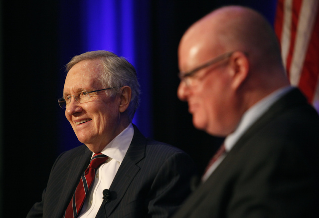 U.S. Sen. Harry Reid, D-Nev., left, takes questions Thursday, April 17, 2014 from Las Vegas Review-Journal columnist Steve Sebelius at the Hashtags & Headlines event at Paris Hotel & Casino in Las ...