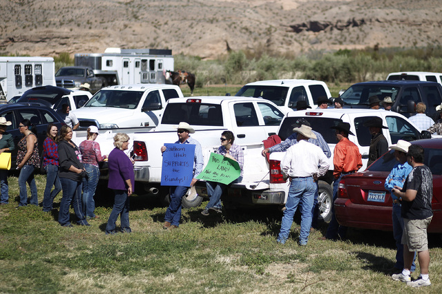 Supports prepare to rally in support of Cliven Bundy at the Bundy ranch near Bunkerville Nev. Monday, April 7, 2014, 2014. The Bureau of Land Management has begun to round up what they call " ...