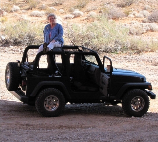 Terri Robertson, long-time advocate for some of Southern Nevada's outdoor treasures, sits on top of a Jeep in this undated photo taken during a tour of Gold Butte, an area south of Mesquite propos ...
