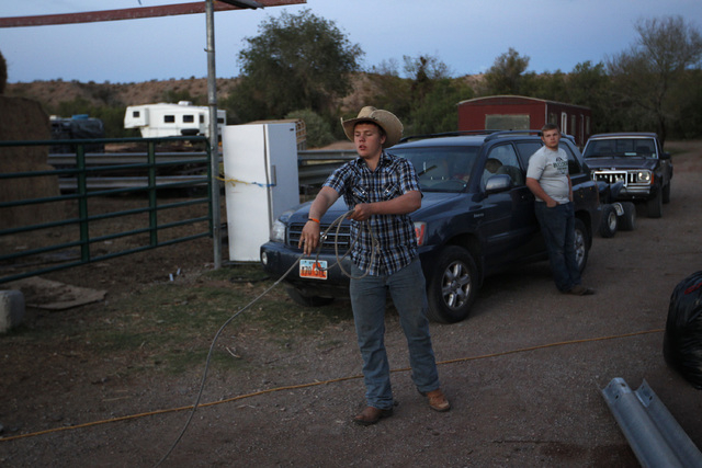 Arden Bundy  ropes at his father Cliven Bundy's ranch near Bunkerville Nev. Saturday, April 5, 2014. The Bureau of Land Management has begun to round up what they call "trespass cattle"  ...