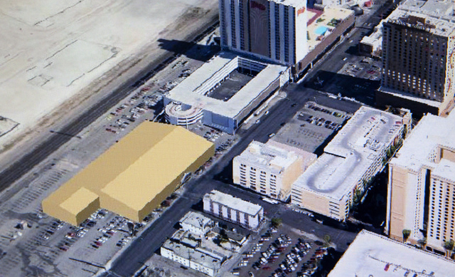 A artist rendering of the Las Vegas Wranglers arena, in yellow, at the Plaza as seen Wednesday, April 16, 2014. The minor league hockey team submitted the revised proposal to move the facility fro ...