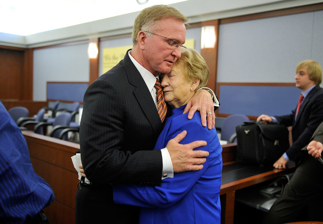 Henderson resident Delores Cipriano, right, is consoled by attorney Robert Eglet after she lost her civil suit against against Japanese drug maker Takeda Pharmaceuticals at the Regional Justice Ce ...