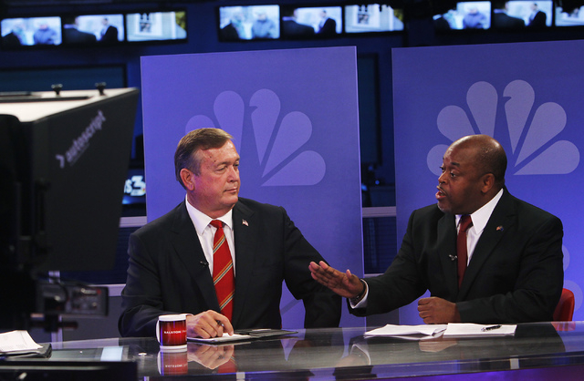 Nevada 4th Congressional District candidates Republican Assemblyman Cresent Hardy, left, and his GOP rival Niger Innis debate for the fourth and final time during the Ralston Reports news show at ...