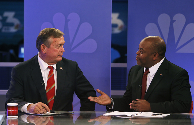 Nevada 4th Congressional District candidates Republican Assemblyman Cresent Hardy, left, and his GOP rival Niger Innis debate for the fourth and final time during the Ralston Reports news show at ...