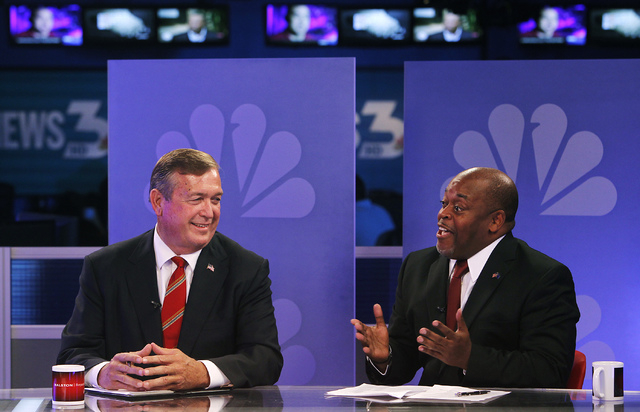 Nevada 4th Congressional District candidates Republican Assemblyman Cresent Hardy, left, and his GOP rival Niger Innis debate for the fourth and final time during the Ralston Reports news show at ...