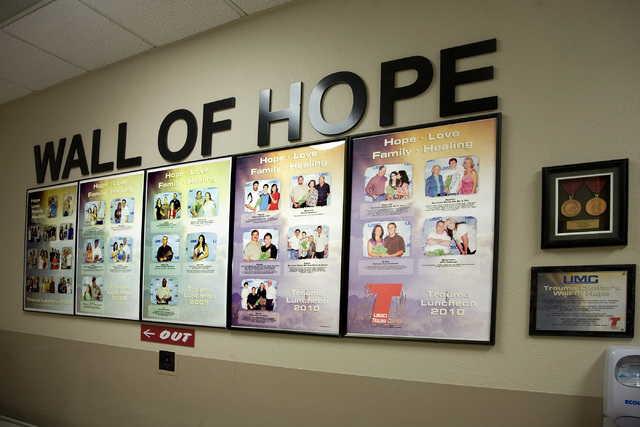 The Wall Of Hope displays people helped at University Medical Center Trauma Center as photographed on Saturday, May 10, 2014. (Jeferson Applegate/Las Vegas Review-Journal)