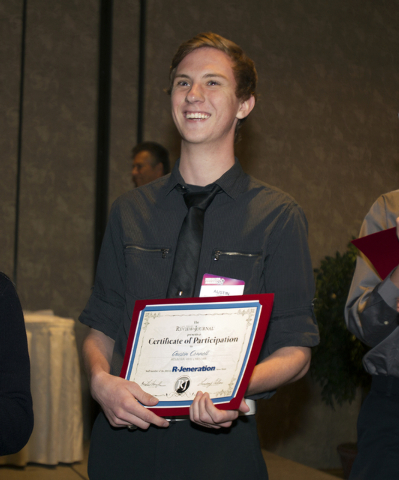 Austin Connell, who is graduating from Mountain View Christian School, smiles after receiving a $2,000 scholarship at the Las Vegas Review-Journal 38th annual Clark County High School Journalism A ...