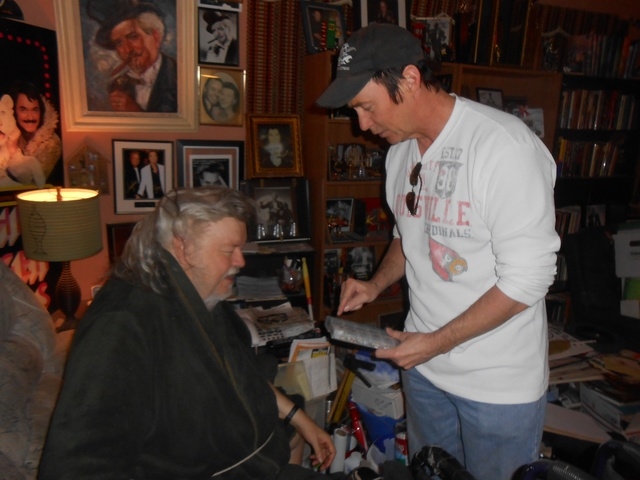 Former magician Gary Meador speaks with Lance Burton, April 26. Burton, now retired from performing on the Strip, stops in to check on his friend each weekend. This day a team of volunteers from U ...