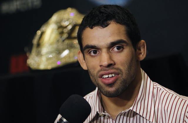 Bantamweight champion Renan Barao talks to the press during media day for UFC 173 at the MGM Grand in Las Vegas on Thursday, May 22, 2014. Barao is scheduled to defend his title against TJ Dillash ...