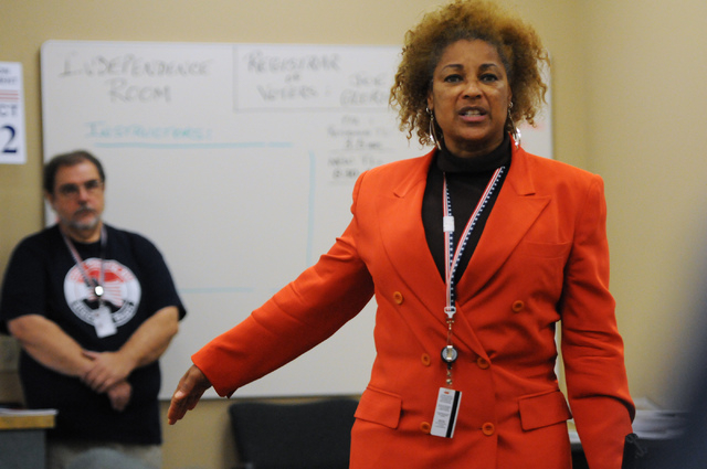 Program assistant instructor Nedra Armstrong trains poll workers during a class at the Clark County Election Center Office in North Las Vegas Wednesday, May 21, 2014. (Erik Verduzco/Las Vegas Revi ...