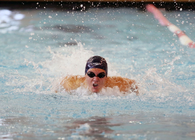 Coronado's Nick Moorehead competes in the 100-yard butterfly during the Division I state swim meet on Saturday. Moorehead finished third with a time of 52.01 seconds. (Ronda Churchill/Las Vegas Re ...