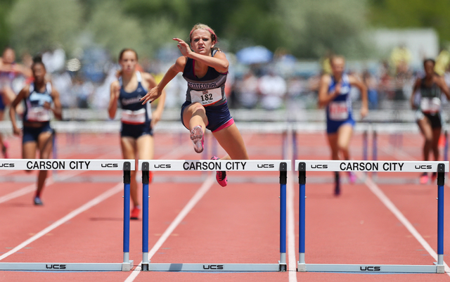 Centennial's Tiana Bonds sets a state record in the Division I girls 300-meter hurdles with a time of 41.47 seconds. (Cathleen Allison/Special to the Review-Journal)