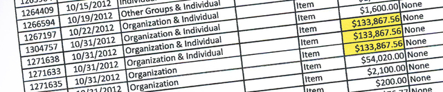 A VA accounting file shows the same donation recorded three times on the same date, under different donation I.D. numbers.