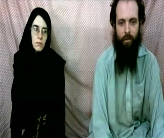 This frame grab from video provided by the Coleman family shows Caitlan Coleman and Joshua Boyle. The family of a then-pregnant American woman who went missing in Afghanistan in late 2012 with her ...