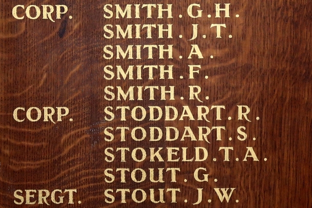 This May 7, 2014 photo shows, the names of the five Smith brothers, who were killed in action in World War I, engraved on a plaque in St Mary's Church in Barnard Castle, England. (AP Photo/Scott H ...