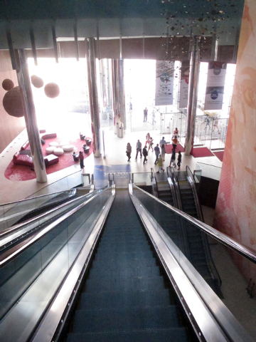 This May 30, 2014 photo shows the giant escalator that patrons entering from the Boardwalk must take to get to the casino floor of Revel Casino Hotel in Atlantic City N.J. The $2.4 billion casino  ...