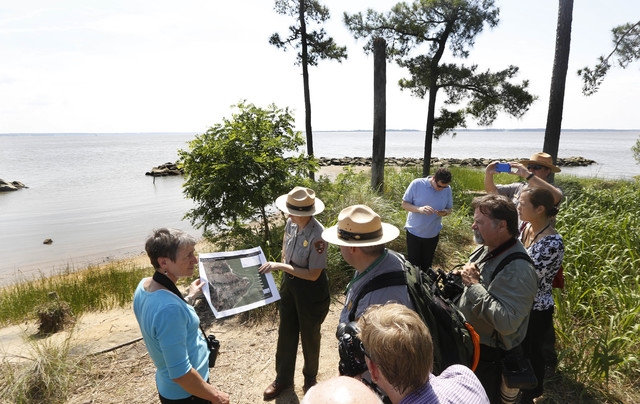 US Secretary of the Interior Sally Jewell, left, tours Jamestown Island in Jamestown, Va. (AP/Steve Helber)
