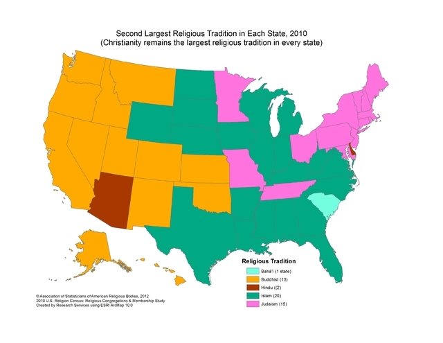 Map showing second most popular religions by state. While Christianity is the most popular religion across the country, Buddhism and Islam come in close seconds for the rest of the nation. (Courte ...