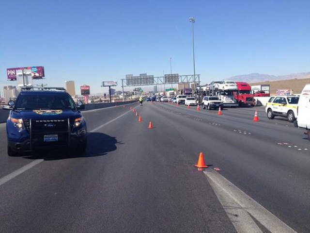A fatal motorcycle accident Wednesday morning on northbound Interstate 15 at the Charleston exit has closed two lanes of traffic, according to the Nevada Highway Patrol. (Courtesy/@NHPSouthernComm ...