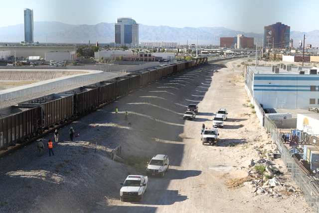 Police investigate scene where man was killed by train near Valley View and Hacienda on Wednesday. (K.M Cannon/Las Vegas Review-Journal)