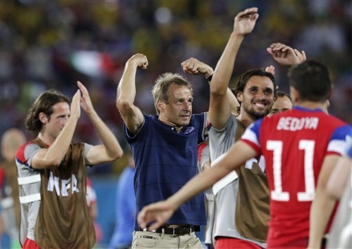 U.S. coach Jurgen Klinsmann celebrates his team’s 2-1 victory over Ghana in their World Cup opener Monday. The German moved to California with his American wife when his playing career ended in ...