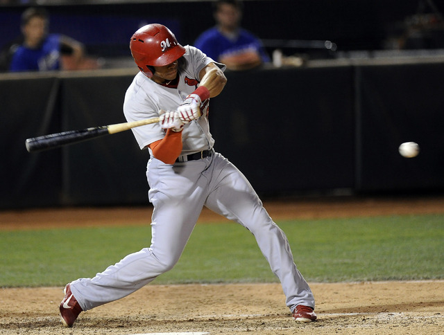 Memphis Redbirds outfielder Tommy Pham hits a pinch hit double in the seventh inning of a Triple-A minor league baseball game against the Las Vegas 51s at Cashman field in Las Vegas Saturday, June ...