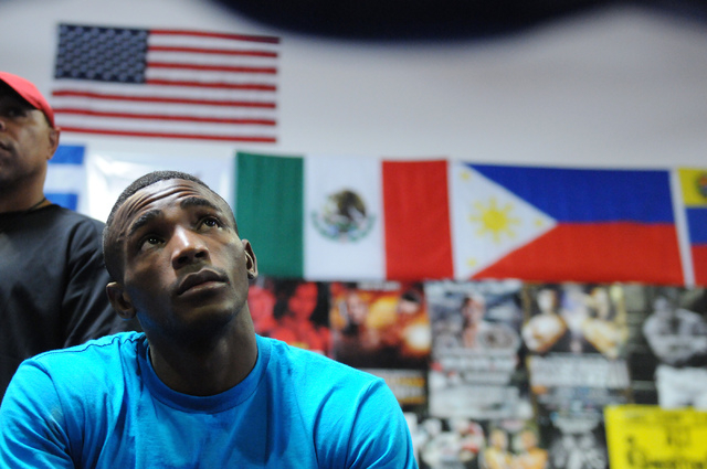 Erislandy Lara is interviewed about his upcoming boxing match against Saul "Canelo" Alvarez during a media day at Long Life Fighter Gym in Las Vegas Wednesday, June 25, 2014. (Erik Verdu ...