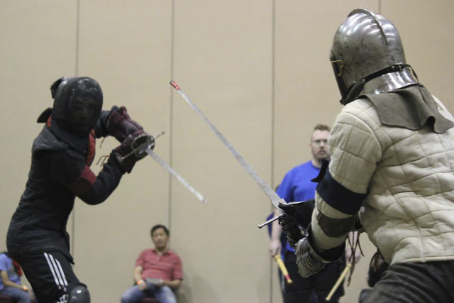 Participants face each other at Combat Con 2014, a gathering at the Riviera celebrating the historical European martial arts. (Photos courtesy Gina Nichole with Gina V Photography)