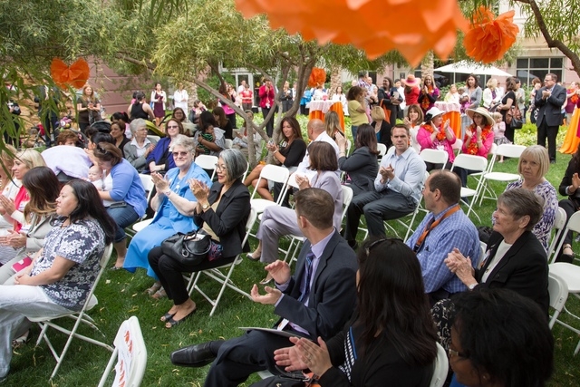 Residents and hospital staff members gather May 7 as the St. Rose Dominican Hospitals San Martin campus, 8280 W. Warm Springs Road, is designated baby-friendly by the World Health Organization and ...