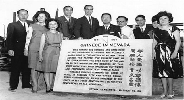 A marker commemorating the role of Chinese immigrants in the development of the Silver State is dedicated in Sparks during the celebration of Nevada's centennial in 1964. (Courtesy of the Nevada S ...