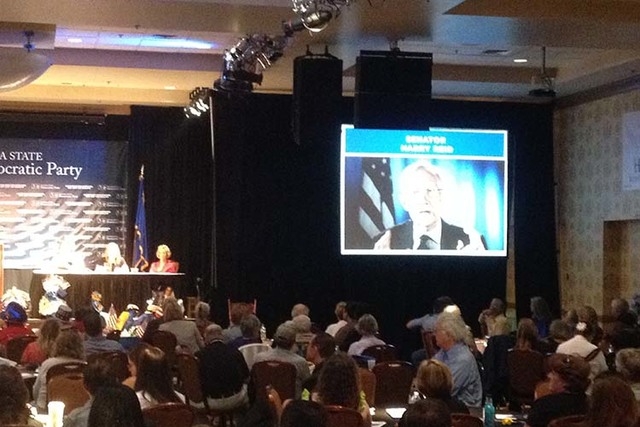 Harry Reid addresses the delegates via video at the Reno Democratic convention. (Whip Villarreal, Las Vegas Review-Journal)