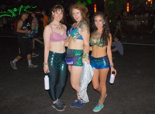 Elizabeth Klass, 21, McKenna Edwards, 21, and Belen Huizar, 23, pose in their mermaid inspired outfits at the Electric Daisy Carnival on Friday, June 20. (Kristen DeSilva/Las Vegas Review-Journal)
