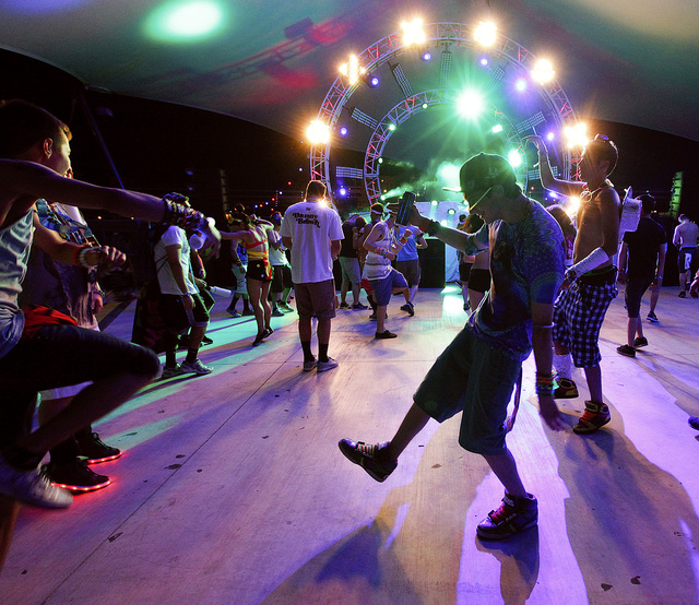 Attendees dance at the Discovery Stage at the Electric Daisy Carnival at the Las Vegas Motor Speedway in Las Vegas on Friday, June 20, 2014. (Chase Stevens/Las Vegas Review-Journal)