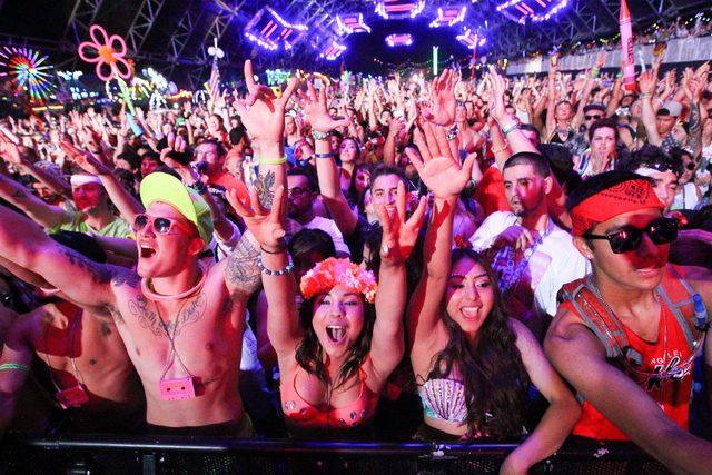 Attendees react as Cazzette performs at the Circuit Grounds stage at the Electric Daisy Carnival at the Las Vegas Motor Speedway in Las Vegas on Saturday, June 21, 2014. (Chase Stevens/Las Vegas R ...