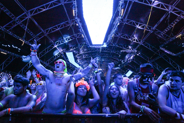 Attendees react as Cazzette performs at the Circuit Grounds stage at the Electric Daisy Carnival at the Las Vegas Motor Speedway in Las Vegas on Saturday, June 21, 2014. (Chase Stevens/Las Vegas R ...