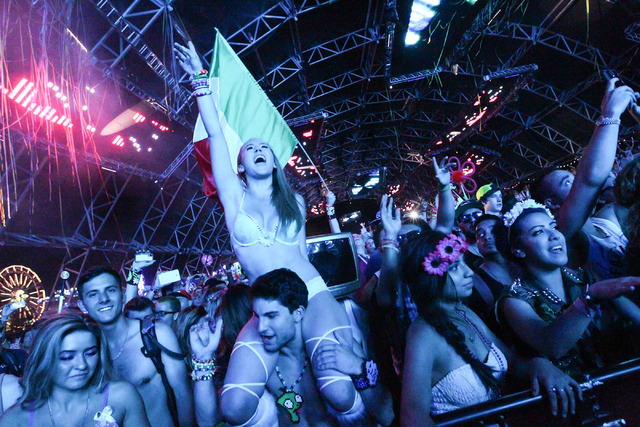 Attendees react as Cazzette performs at the Circuit Grounds stage at the Electric Daisy Carnival at the Las Vegas Motor Speedway in Las Vegas on Saturday, June 21, 2014. (Chase Stevens/Las Vegas R ...